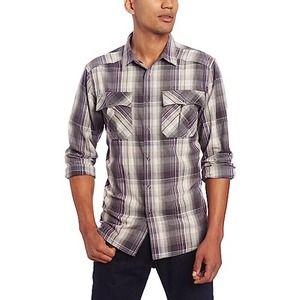 Prana Men's Cotton Plaid Shirt L Purple Gray Long Sleeve Snap Button Up